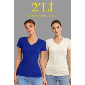 2li V Yaka Tişört – Kısa Kollu Yazlık Slim Fit Body - Saks Mavisi - Ekru