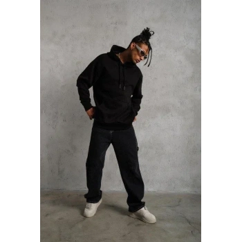 3 İplik Kapşonlu Sweatshirt Hoodie - Siyah
