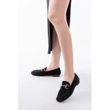 303 Siyah Süet Toka Aksesuarlı Günlük Kadın Babet