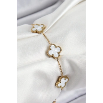 316L Çelik Beyaz Sedef Yonca Model Gold Renk Kadın Bileklik