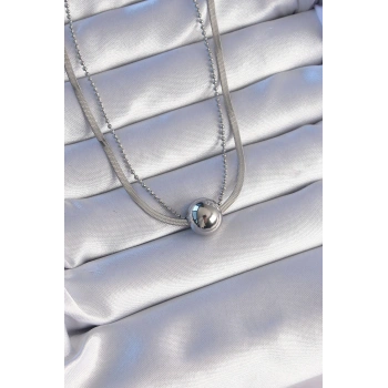 316L Çelik Çift Zincirli Gümüş Renk Topçuk İtalyan Model Kolye