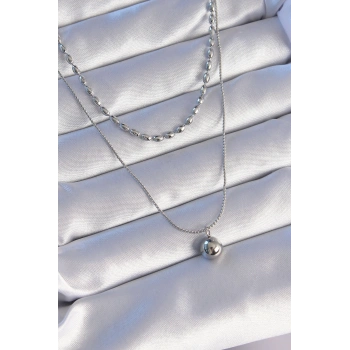 316L Çelik Çift Zincirli Gümüş Renk Topçuk Model Kolye