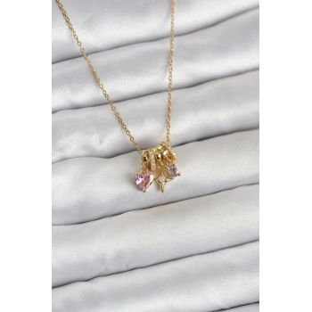 316L Çelik Gold Pembe Zirkon Taşlı Charmlı Kadın Kolye