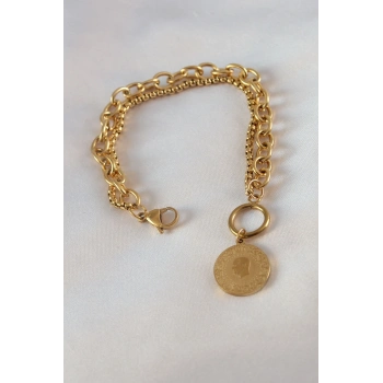 316L Çelik Gold Renk 2li Zincir Model Çeyrek Altınlı Kadın Bileklik