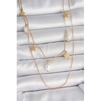 316L Çelik Gold Renk 2Li Zincir Sallantı Yıldız İnci Model Kadın Kolye