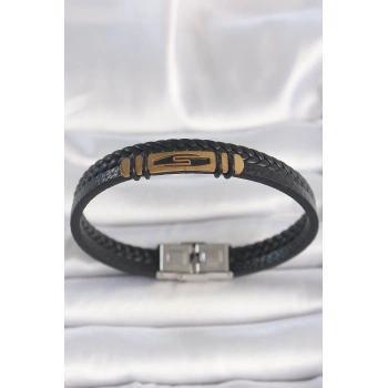 316L Çelik Gold Renk Aksesuarlı Çift Sıra Siyah Burgu Desenli Deri Kordon Erkek Bileklik