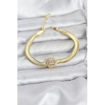 316L Çelik Gold Renk Baget Zirkon Taşlı Yılan Zincirli Kadın Bileklik