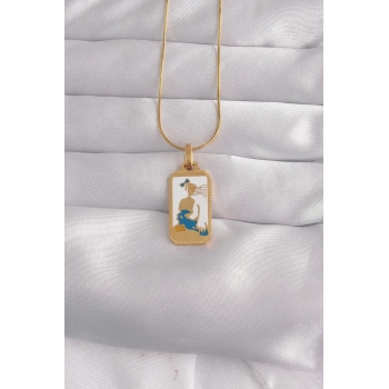 316L Çelik Gold Renk Beyaz Mineli Kız Figür Tarot Kolye