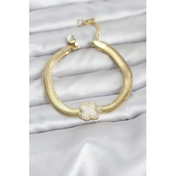 316L Çelik Gold Renk Beyaz Yonca Model Zirkon Taşlı Yılan Zincirli Kadın Bileklik
