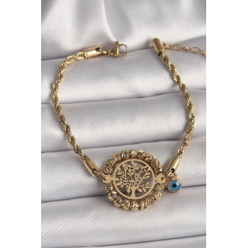 316L Çelik Gold Renk Burgu Zincir Model Dorika Yaşam Ağacı Figür Nazar Boncuk Detay Kadın Bileklik