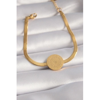 316L Çelik Gold Renk İtalyan Zincir Model İşlemeli Madalyon Figür Kadın Bileklik