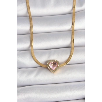 316L Çelik Gold Renk İtalyan Zincir Pembe Zirkon Taşlı Kalp Model Kadın Kolye