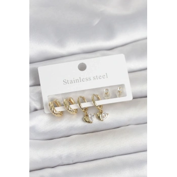 316L Çelik Gold Renk Kalp Detaylı Kadın Küpe Seti