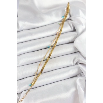 316L Çelik Gold Renk Karışık Renkli Kristal Taşlı 2li Kadın Bileklik