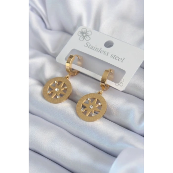 316L Çelik Gold Renk Kutup Yıldızı Model İşleme Detay Zirkon Taşlı Kadın Küpe