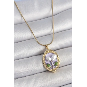 316L Çelik Gold Renk Mor İncili Çiçek İşlemeli Portre Model Kadın Kolye