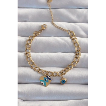 316L Çelik Gold Renk Nazarlı Kalp Model Zincir Bileklik