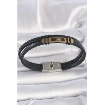 316L Çelik Gold Renk Örümcek Figür Çift Sıra Burgu Desenli Deri Kordon Erkek Bileklik