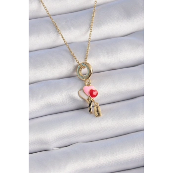 316L Çelik Gold Renk Renkli Kalp Figür Charm Model Kadın Kolye