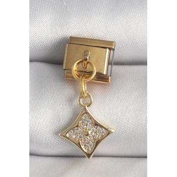316L Çelik Gold Renk Sallantı Zirkon Taşlı Çiçek İşlemeli Nomination Charm