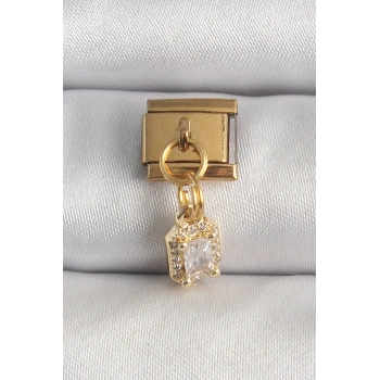 316L Çelik Gold Renk Sallantı Zirkon Taşlı Kare Model Nomination Charm