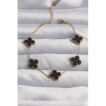 316L Çelik Gold Renk Siyah Mineli Yonca Bileklik