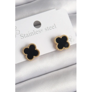 316L Çelik Gold Renk Siyah Yonca Model Kadın Küpe