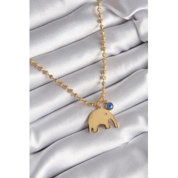 316L Çelik Gold Renk Top Zincir Model Fil Figür Nazar Boncuk Detay Kadın Kolye
