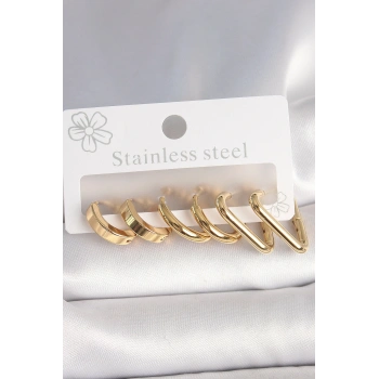 316L Çelik Gold Renk Üçgen Halka Model Kadın Küpe Seti