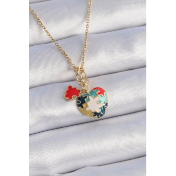 316L Çelik Gold Renk Yapboz Motif Kalp Figür Charm Model Kadın Kolye