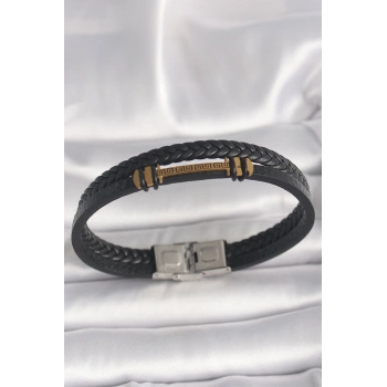 316L Çelik Gold Renk ZikZak İşlemeli Aksesuarlı Çift Sıra Burgu Desenli Deri Kordon Erkek Bileklik