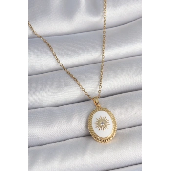 316L Çelik Gold Renk Zincir Beyaz Mineli Güneş İşlemeli Zirkon Taş Detaylı Madalyon Model Kadın Kolye
