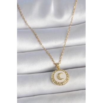 316L Çelik Gold Renk Zincir Beyaz Mineli Hilal İşlemeli Madalyon Model Kadın Kolye