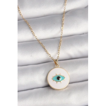 316L Çelik Gold Renk Zincir Beyaz Mineli Turkuaz Göz İşleme Model Kadın Kolye