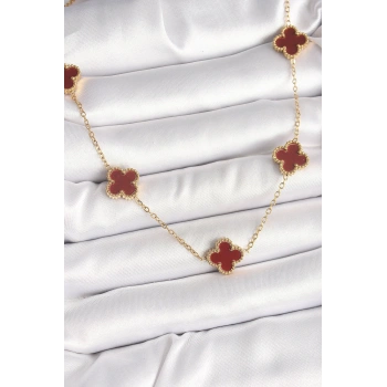 316L Çelik Gold Renk Zincir Bordo Yonca Model Kadın Kolye