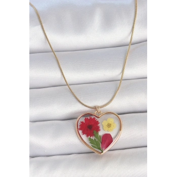 316L Çelik Gold Renk Zincir Epokis Kalp Doğal Çiçek Model Kadın Kolye