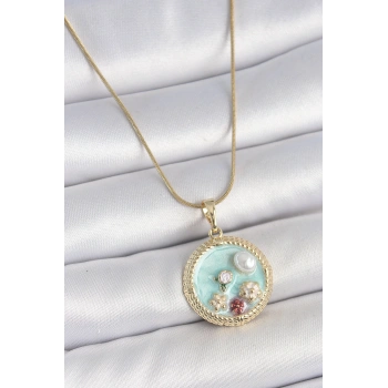 316L Çelik Gold Renk Zincir Mavi Mineli İnci Çiçek İşlemeli Zirkon Taş Detaylı Madalyon Model Kadın Kolye