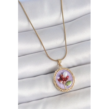 316L Çelik Gold Renk Zincir Mor Mineli İncili Çiçek İşlemeli Portre Model Kadın Kolye