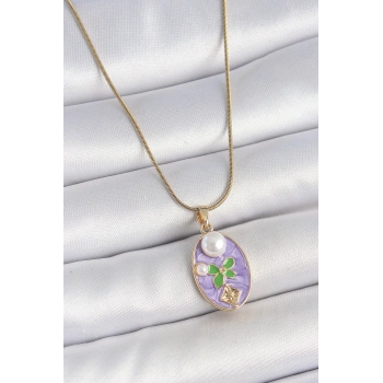 316L Çelik Gold Renk Zincir Mor Mineli Oval İncili Çiçek İşlemeli Portre Model Kadın Kolye