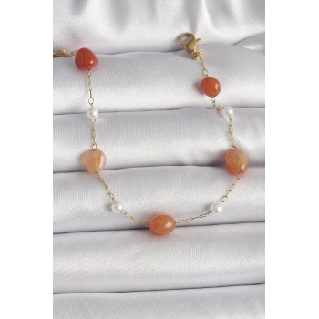 316L Çelik Gold Renk Zincir Turuncu Doğaltaş Model İnci Detay Kadın Bileklik