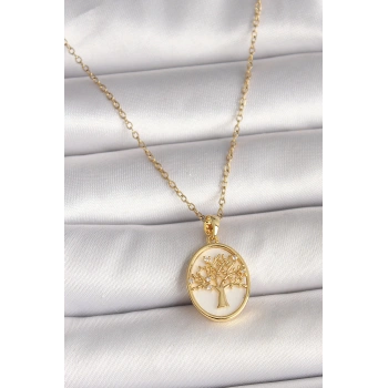316L Çelik Gold Renk Zincir Zirkon Taş Detaylı Beyaz Mineli Ağaç İşlemeli Portre Model Kadın Kolye