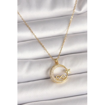316L Çelik Gold Renk Zincir Zirkon Taşlı Ay Yıldız Model Sonsuzluk Detay Kadın Kolye