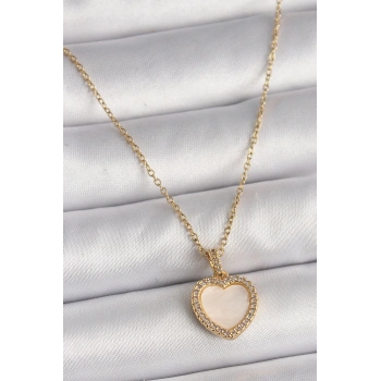 316L Çelik Gold Renk Zincir Zirkon Taşlı Beyaz Mineli Kalp Model Kadın Kolye