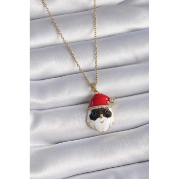 316L Çelik Gold Renk Zincir Zirkon Taşlı Yılbaşı Temalı Noel Baba Figür Kadın Kolye