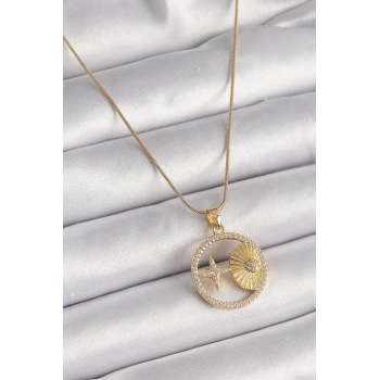 316L Çelik Gold Renk Zincir Zirkon Taşlı Yıldız İşleme Madalyon Model Kadın Kolye
