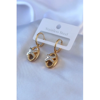 316L Çelik Gold Renk Zirkon Taş Detay Kadın Küpe