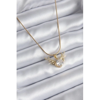 316L Çelik Gold Renk Zirkon Taşlı Boynuz Model Kadın Kolye