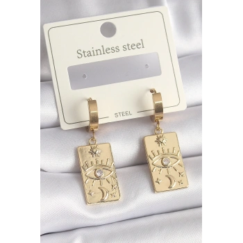 316L Çelik Gold Renk Zirkon Taşlı Göz İşleme Detay Plaka Model Kadın Küpe