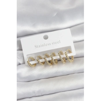 316L Çelik Gold Renk Zirkon Taşlı Halka Model Kadın Küpe Seti