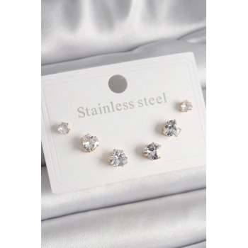 316L Çelik Gold Renk Zirkon Taşlı Kalp Model Kadın Küpe Seti